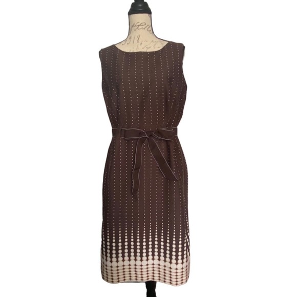 Dresses & Skirts - Studio 1 Sheath Scoop Neck Polka Dot Belted Dress Plus Size 16 Brown White
